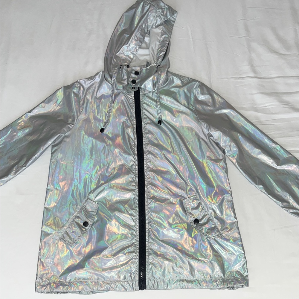 Holographic Silver Reflective Lightweight Rain Jacket Coat Size S